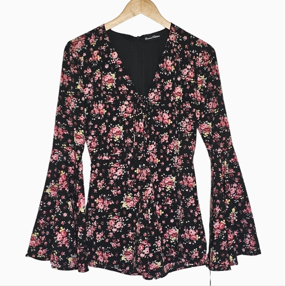 Sensational Collection Romper Bell Sleeve Size S Black‎ Pink Floral Fairy NEW